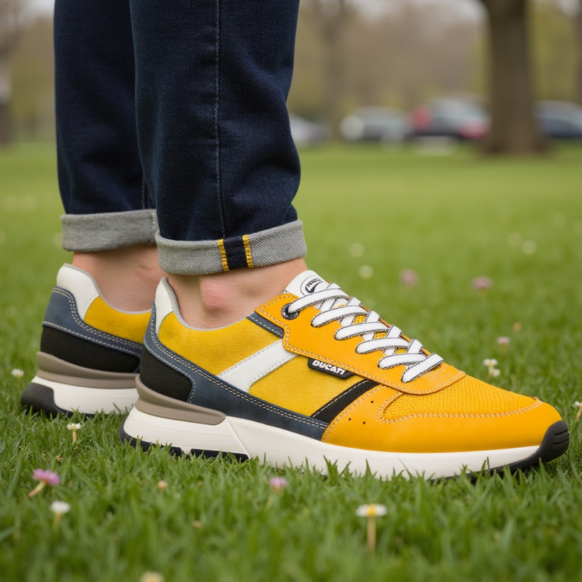 Sneakers gialle casual da uomo con dettagli neri e blu e logo Ducati