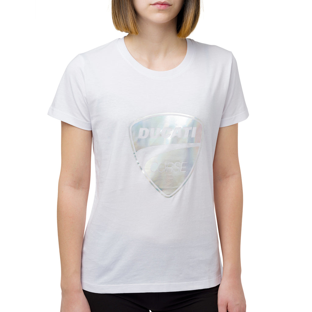 T-shirt da donna bianca con logo argento Ducati Corse