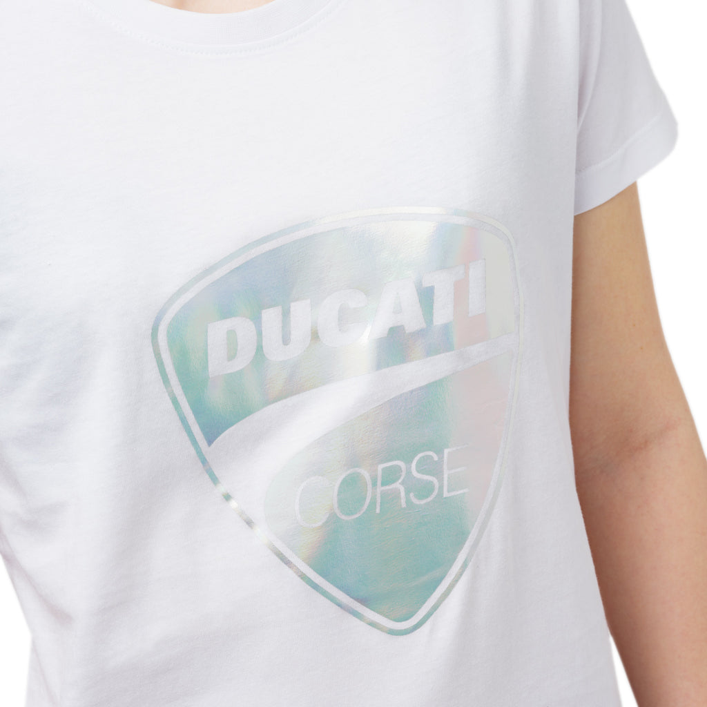 T-shirt da donna bianca con logo argento Ducati Corse