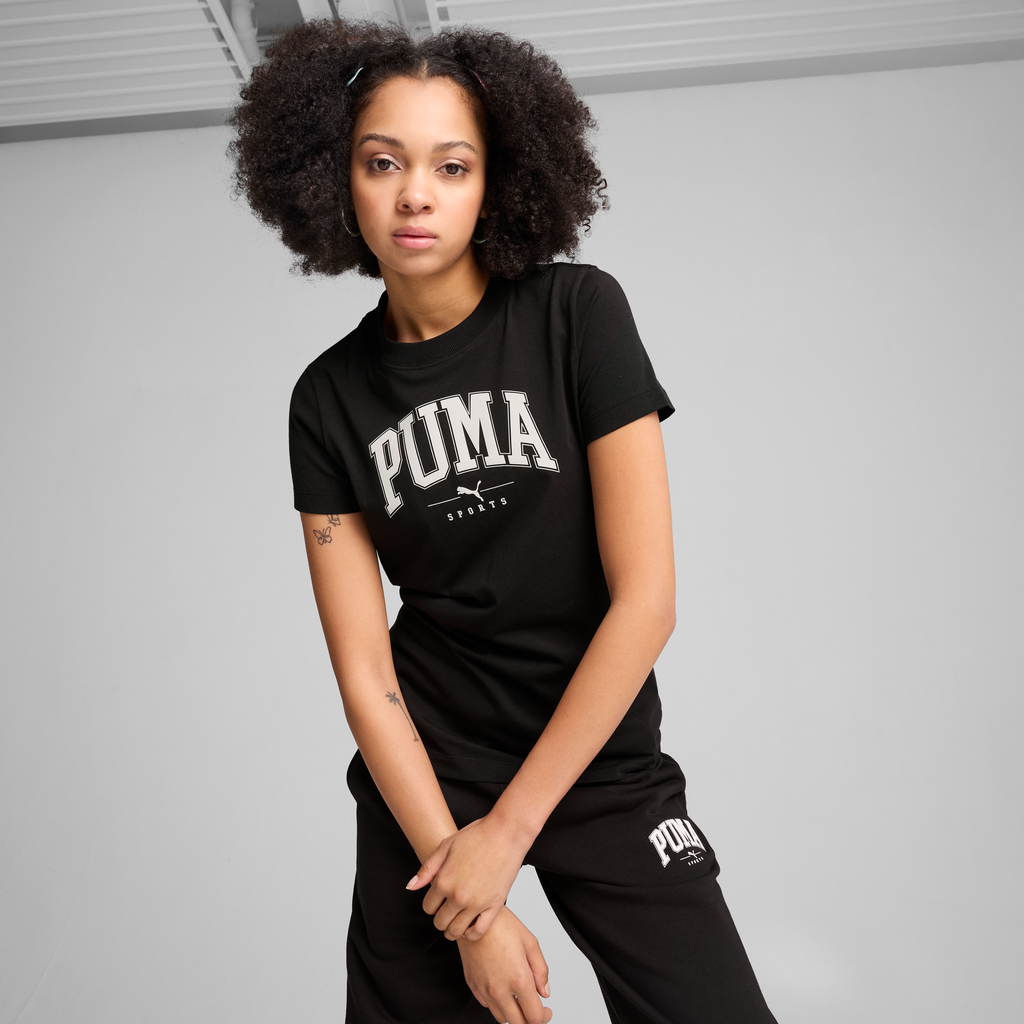T-shirt da donna nera con logo a contrasto Puma