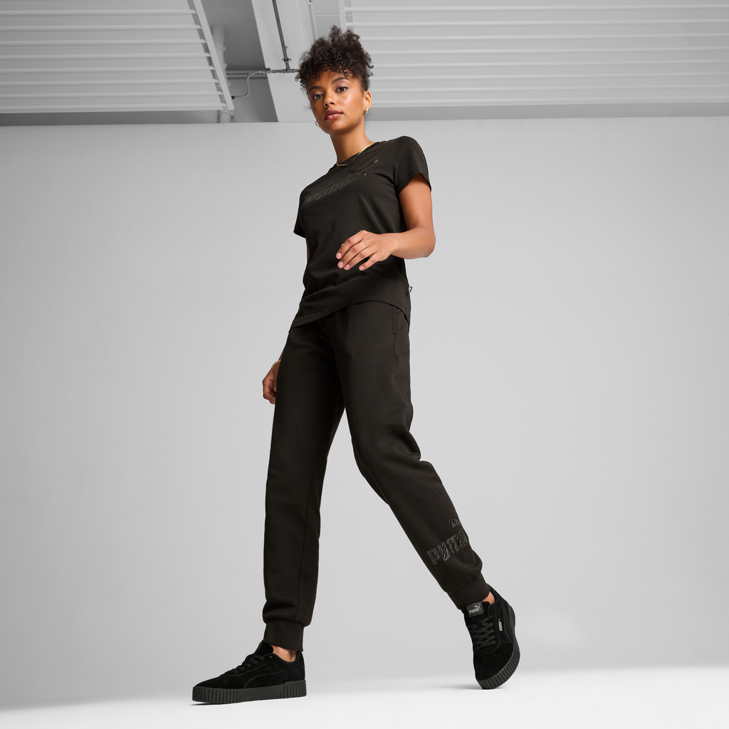 T-shirt nera da donna con logo metallizzato Puma