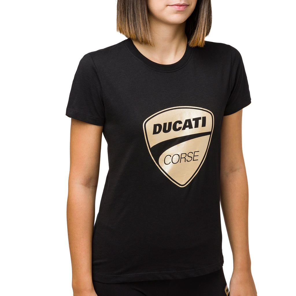 T-shirt da donna nera con logo oro Ducati Corse