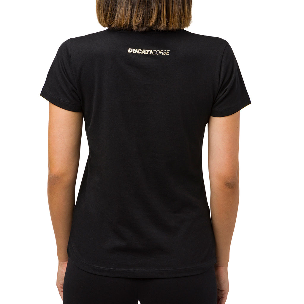 T-shirt da donna nera con logo oro Ducati Corse