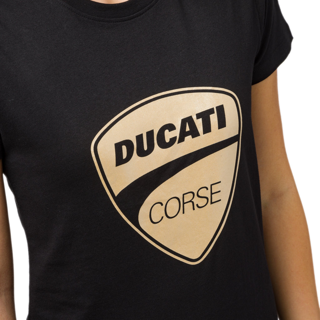 T-shirt da donna nera con logo oro Ducati Corse