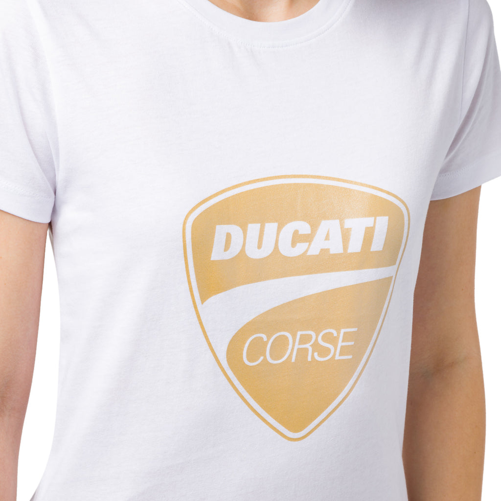 T-shirt da donna bianca con logo oro Ducati Corse