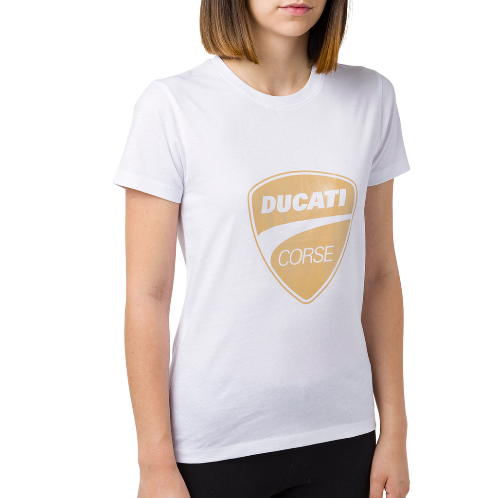 T-shirt da donna bianca con logo oro Ducati Corse