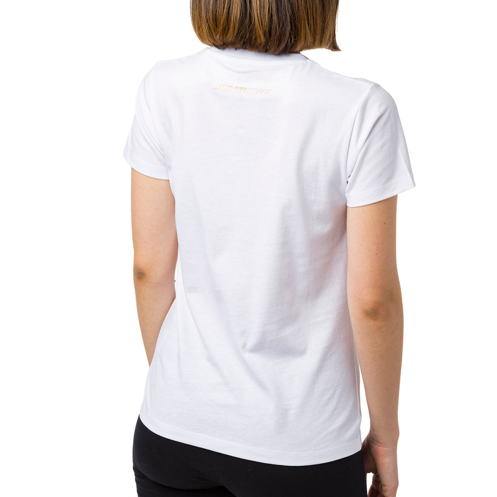 T-shirt da donna bianca con logo oro Ducati Corse