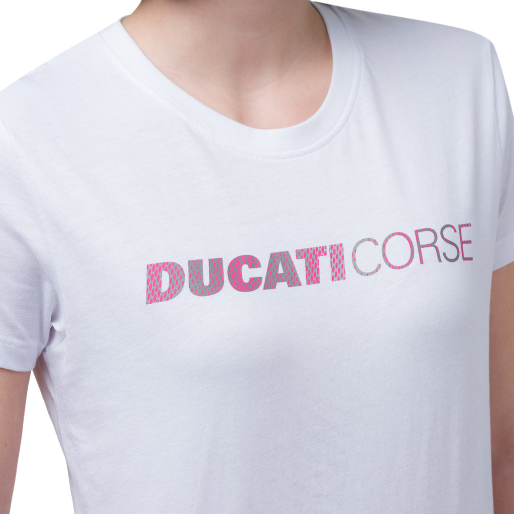 T-shirt bianca da donna in cotone con logo rosa Ducati Corse