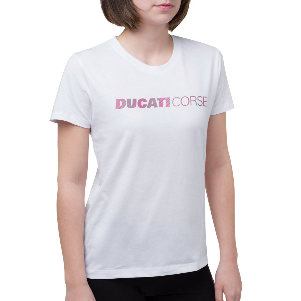 T-shirt bianca da donna in cotone con logo rosa Ducati Corse