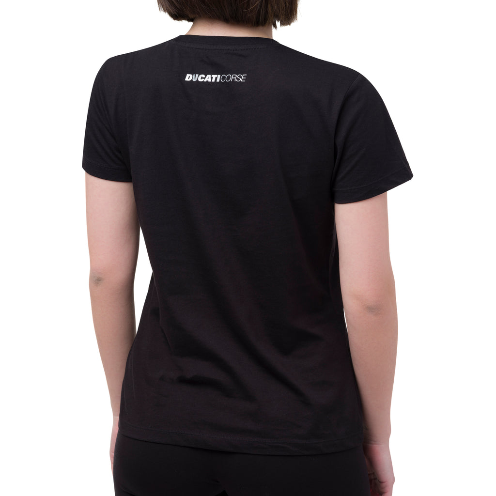 T-shirt nera da donna in cotone con logo rosa Ducati Corse