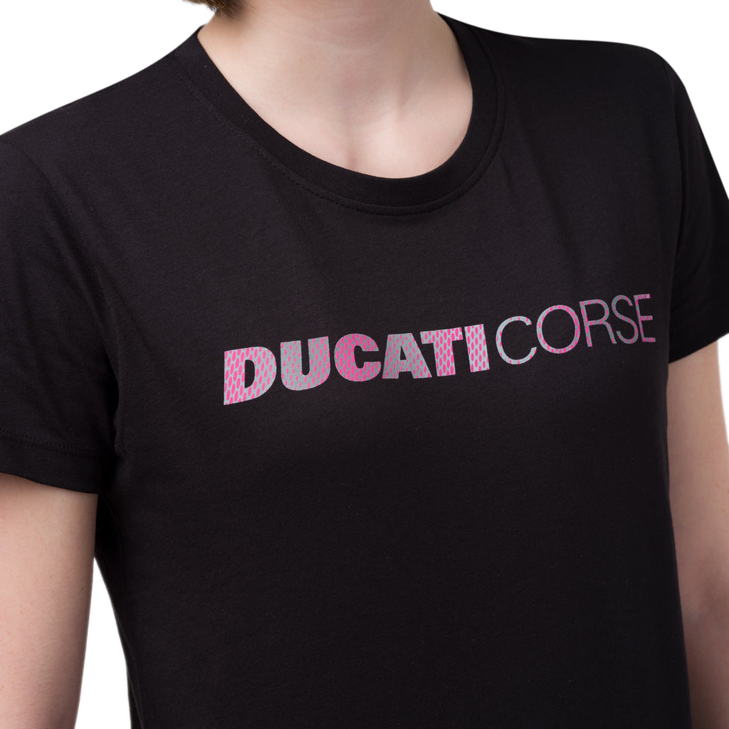 T-shirt nera da donna in cotone con logo rosa Ducati Corse