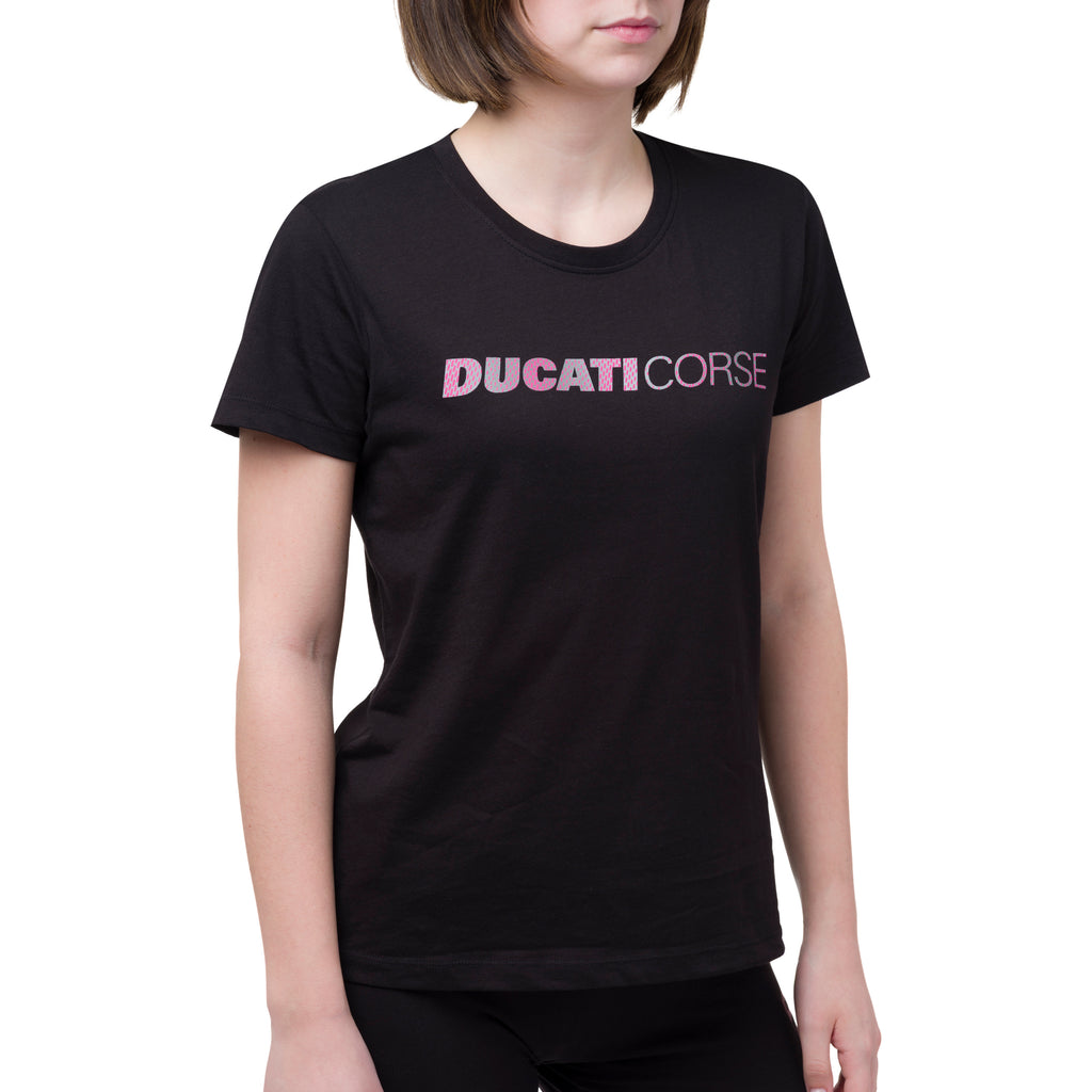 T-shirt nera da donna in cotone con logo rosa Ducati Corse