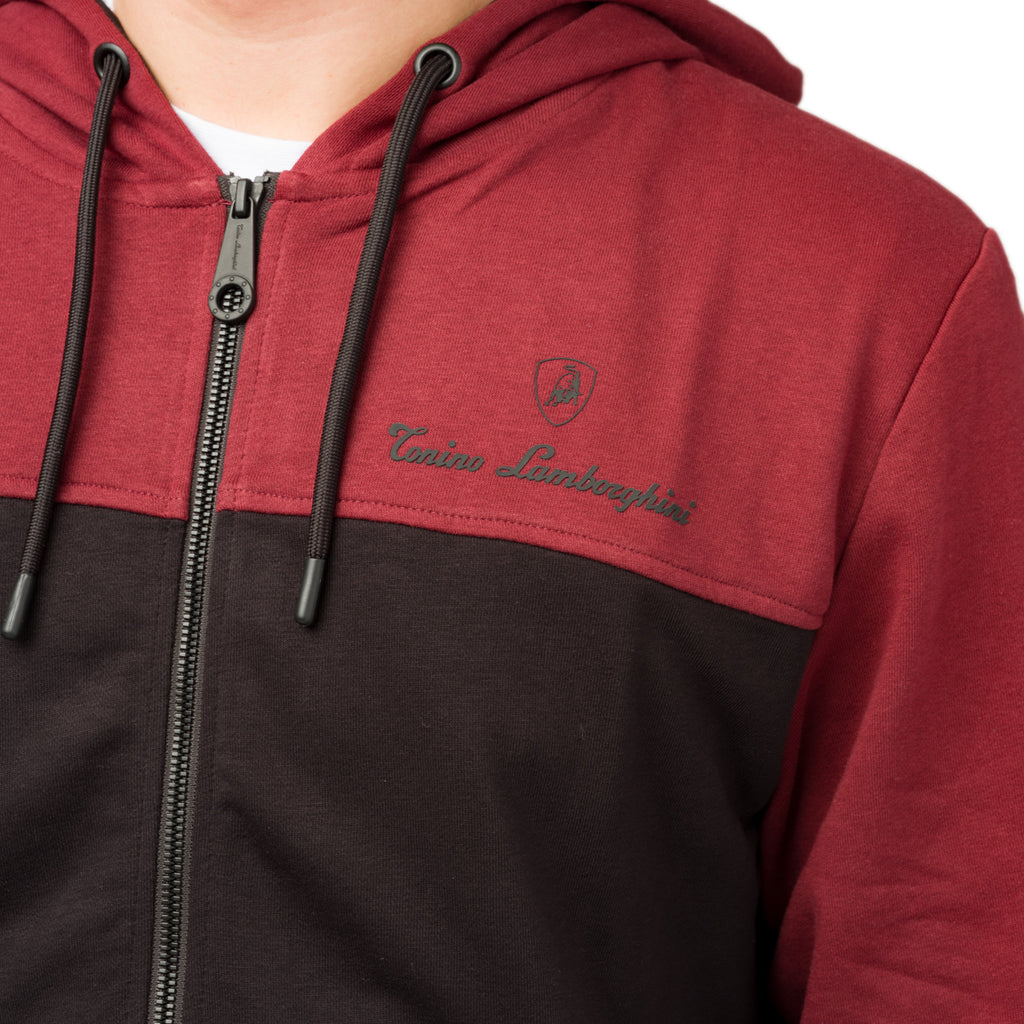 Felpa con cappuccio da uomo con zip bordeaux e nera Tonino Lamborghini