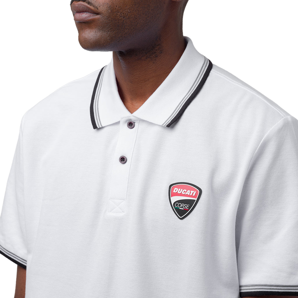 Polo da uomo bianca in cotone con logo in gomma Ducati Corse