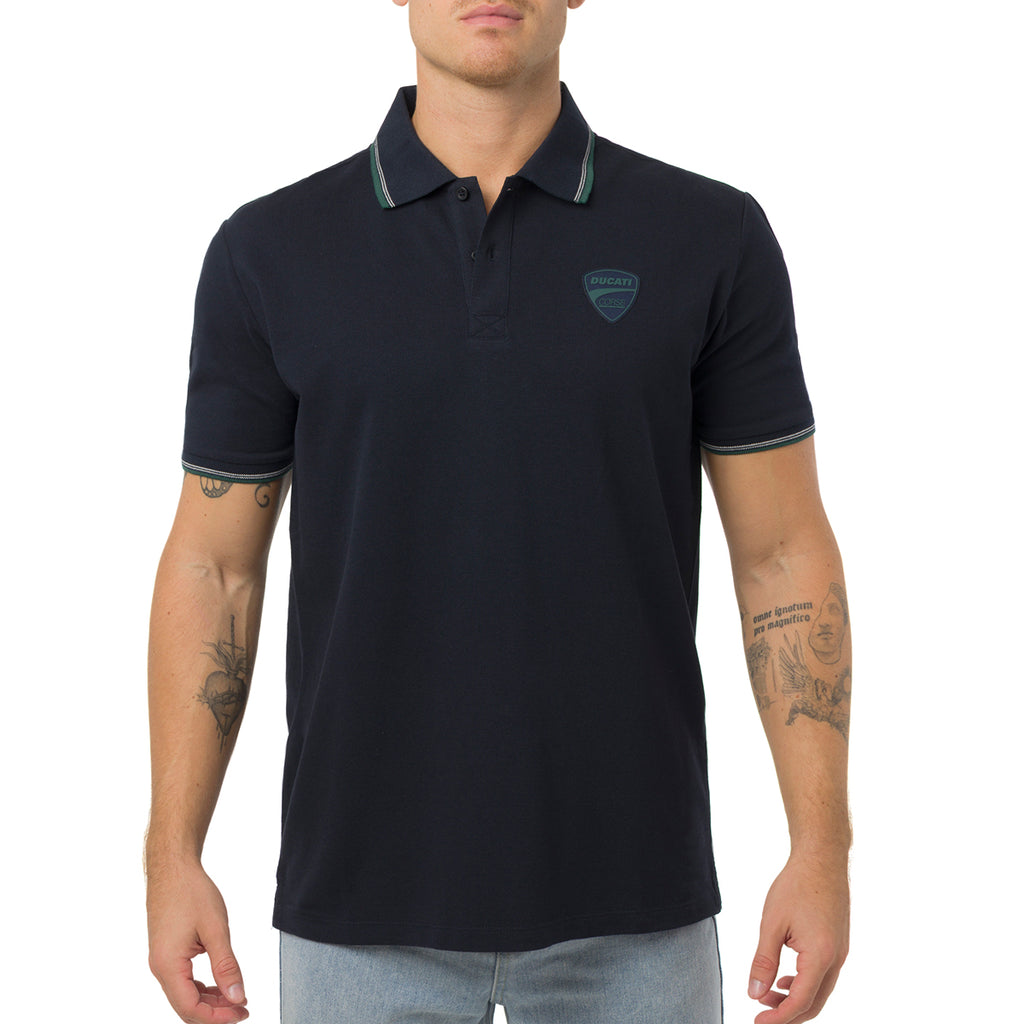 Polo blu da Uomo con dettaglio verde e logo Ducati Corse