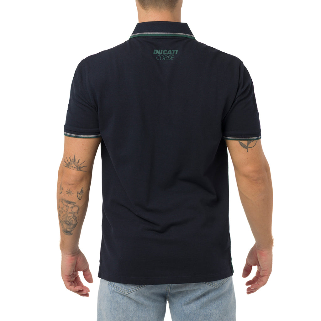 Polo blu da Uomo con dettaglio verde e logo Ducati Corse