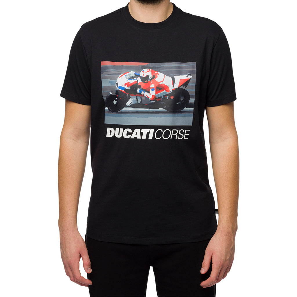 T-shirt da uomo nera con stampa e logo Ducati Corse