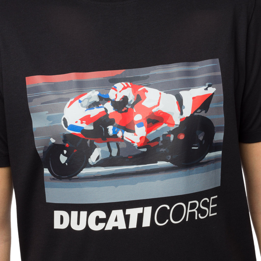 T-shirt da uomo nera con stampa e logo Ducati Corse