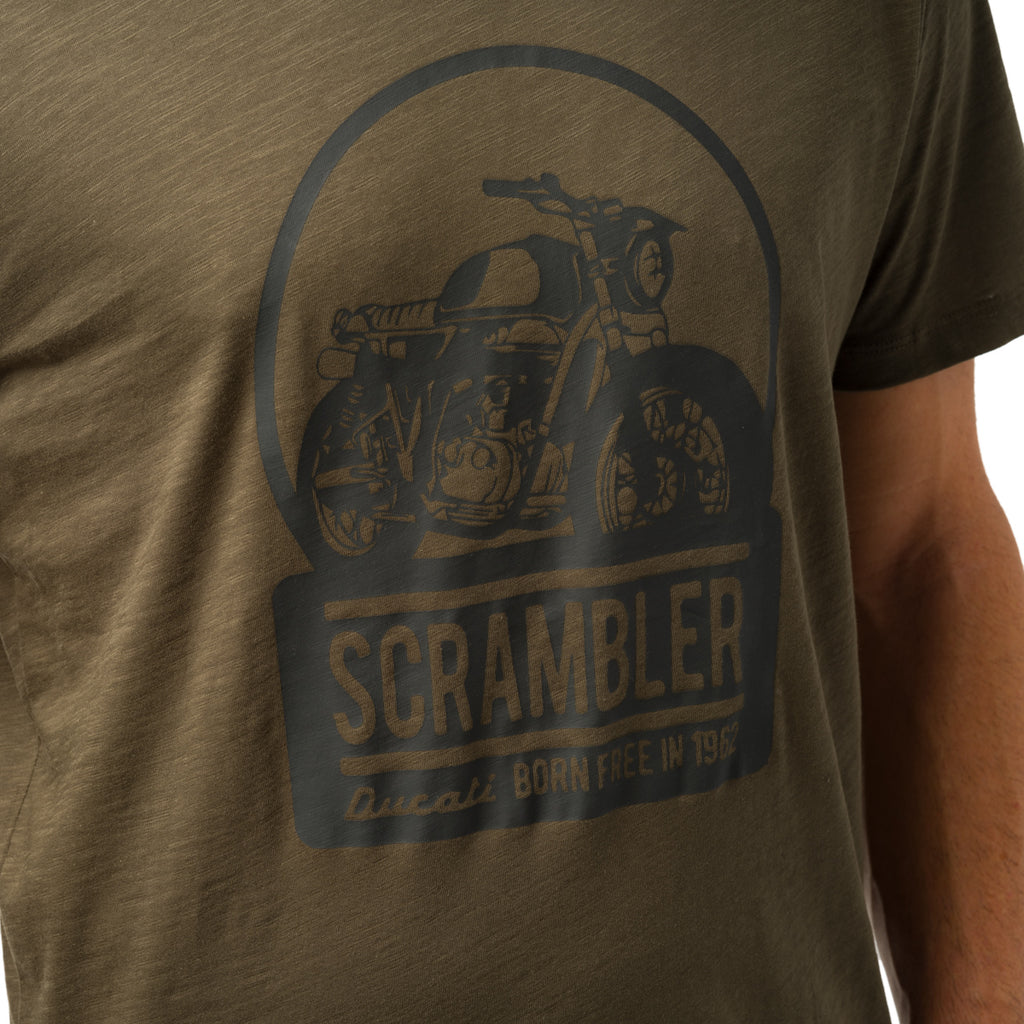 T-shirt da uomo verde militare con stampa nera frontale Ducati Scrambler