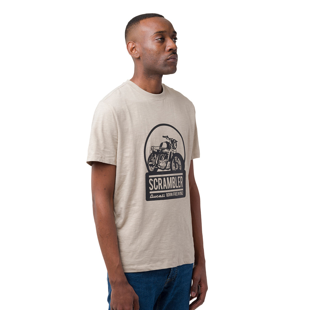 T-shirt girocollo beige da uomo con stampa frontale Ducati Scrambler