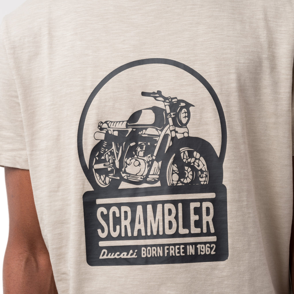 T-shirt girocollo beige da uomo con stampa frontale Ducati Scrambler