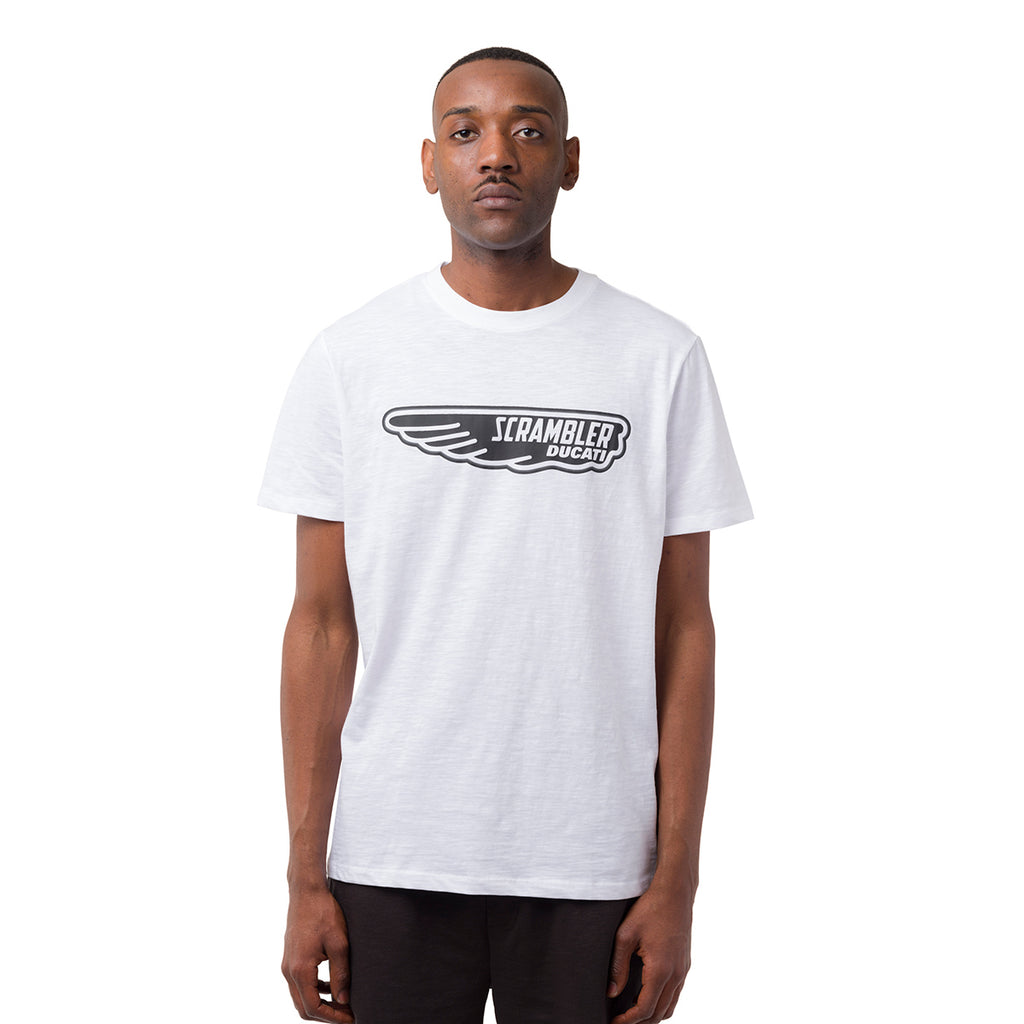 T-shirt da uomo bianca con dettaglio stampa Ducati Scrambler