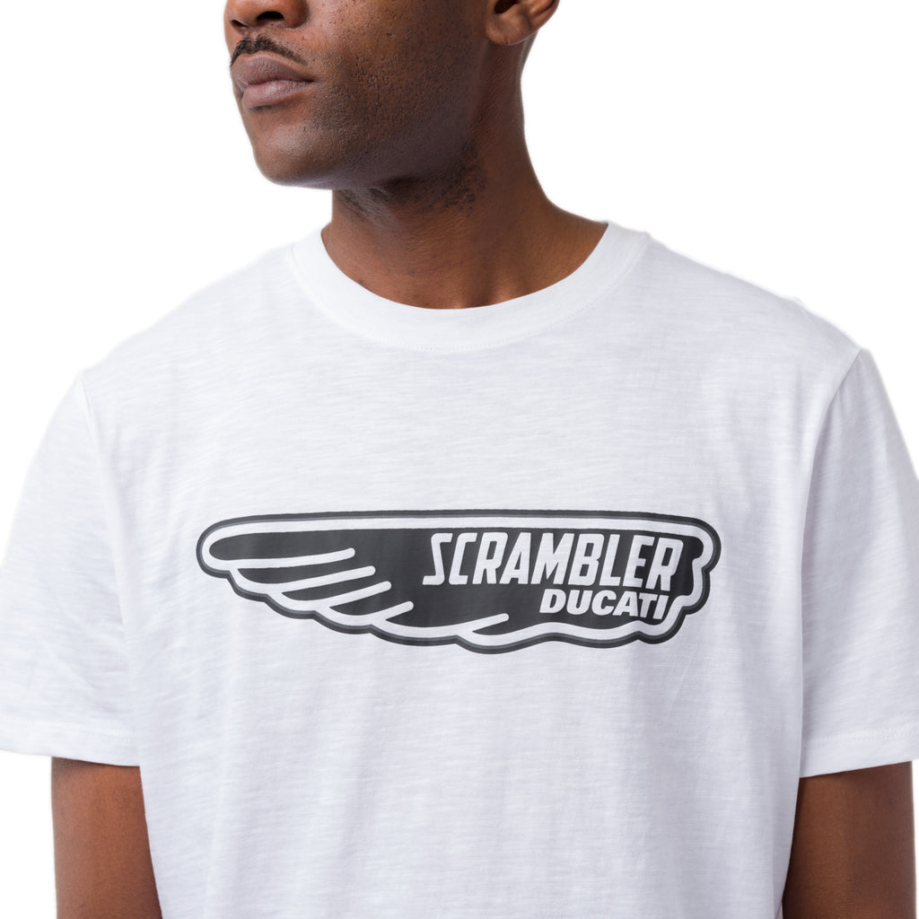 T-shirt da uomo bianca con dettaglio stampa Ducati Scrambler