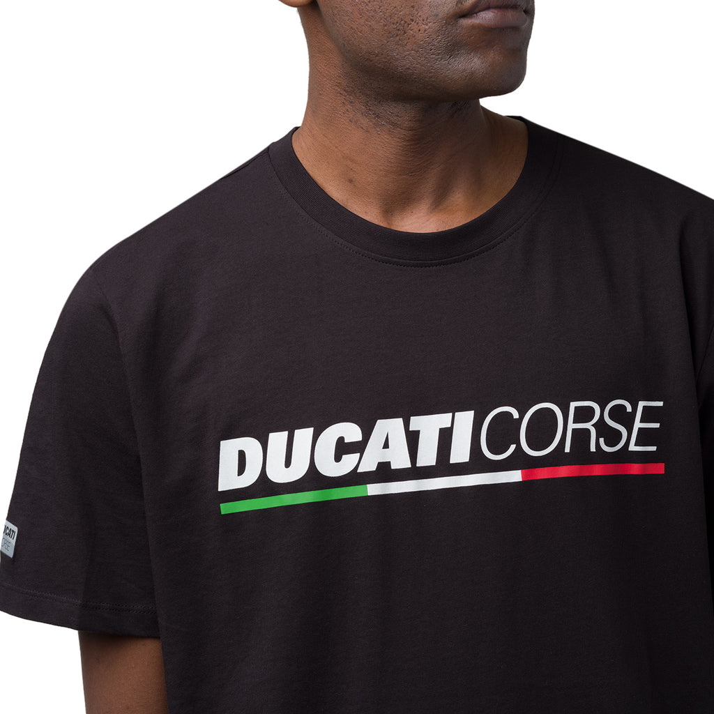 T-shirt da uomo nera in cotone con logo e stampa Ducati Corse