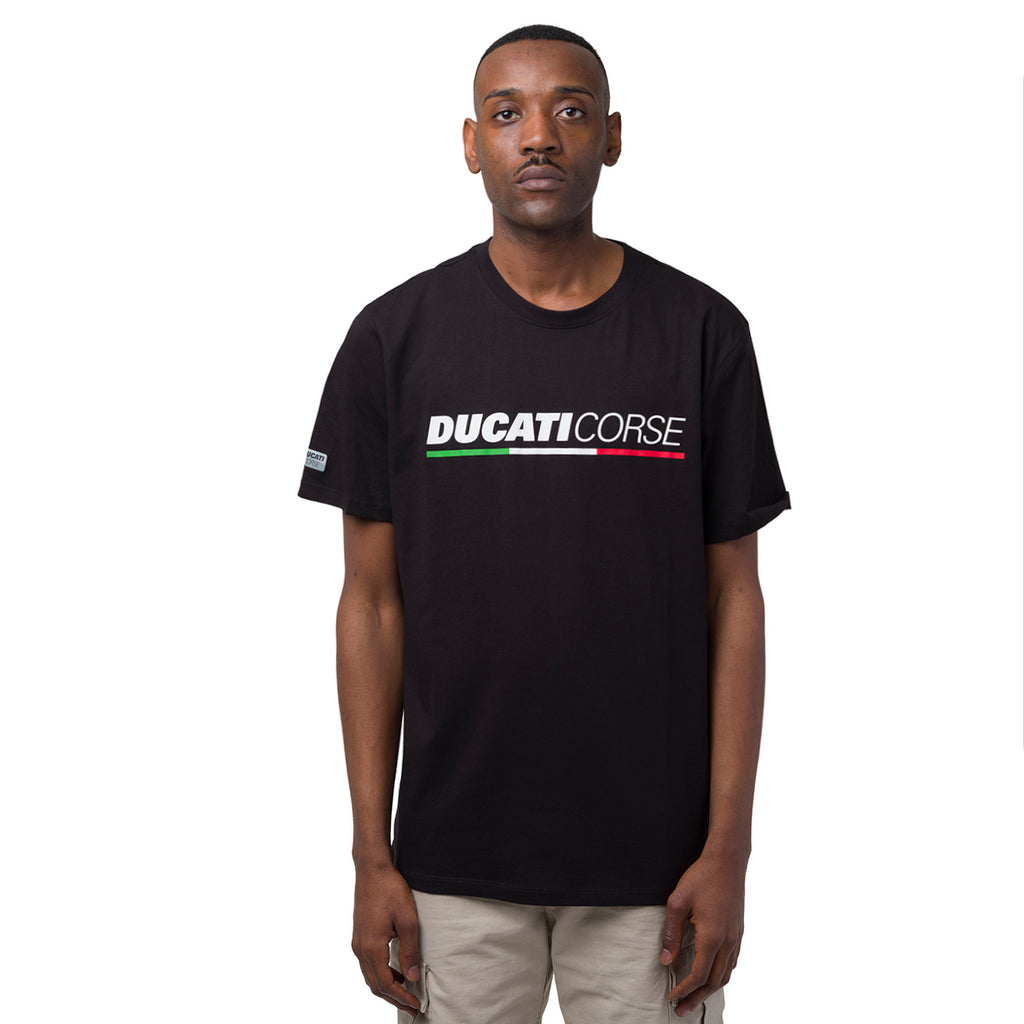 T-shirt da uomo nera in cotone con logo e stampa Ducati Corse