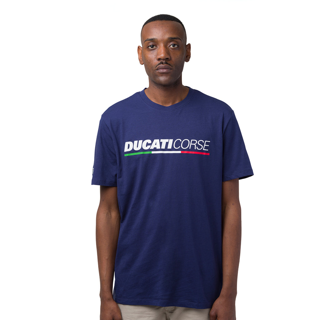 T-shirt da uomo blu navy in cotone con logo e stampa Ducati Corse