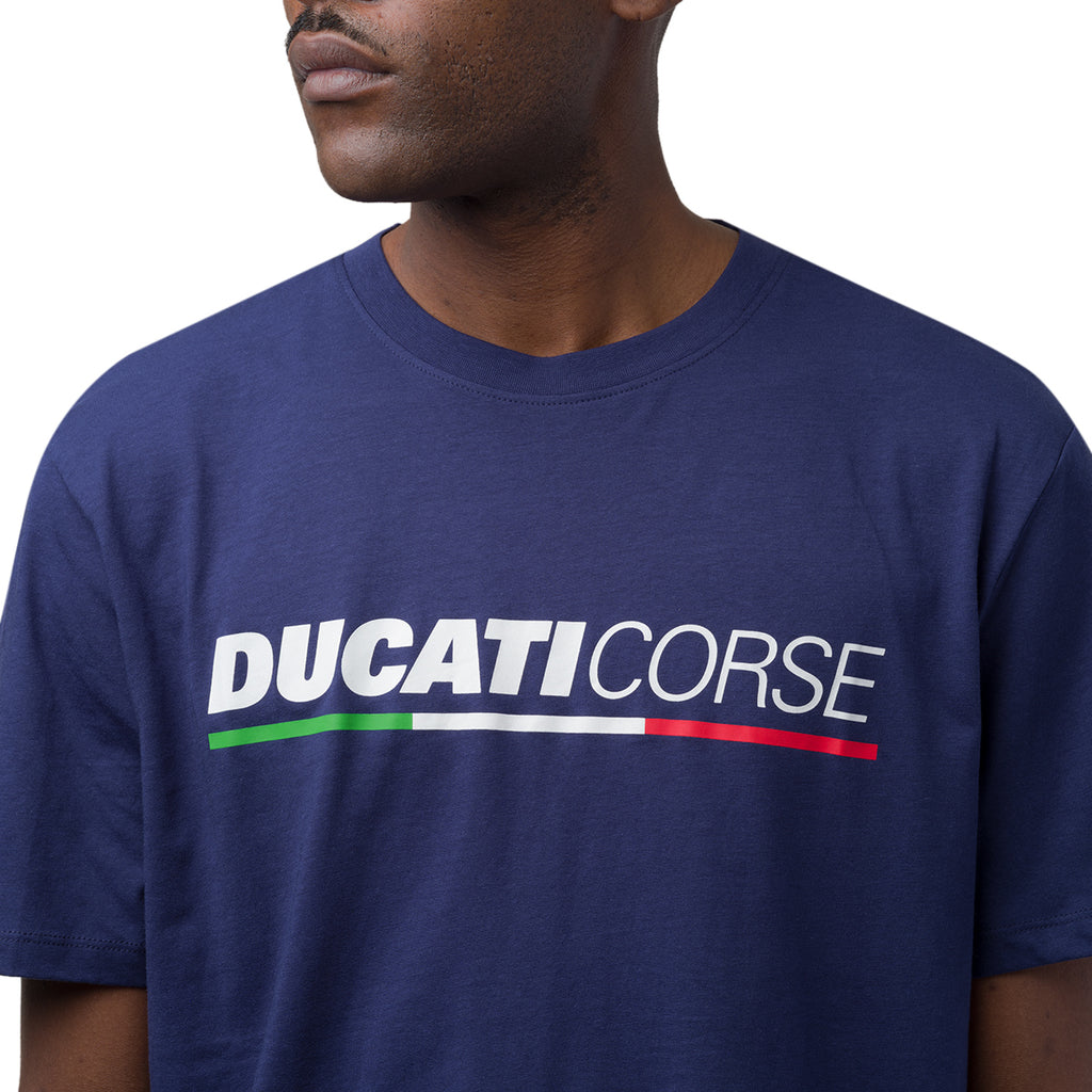 T-shirt da uomo blu navy in cotone con logo e stampa Ducati Corse