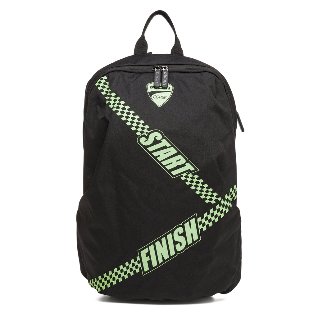 Zaino sportivo nero con dettagli verde fluo e logo Ducati Corse
