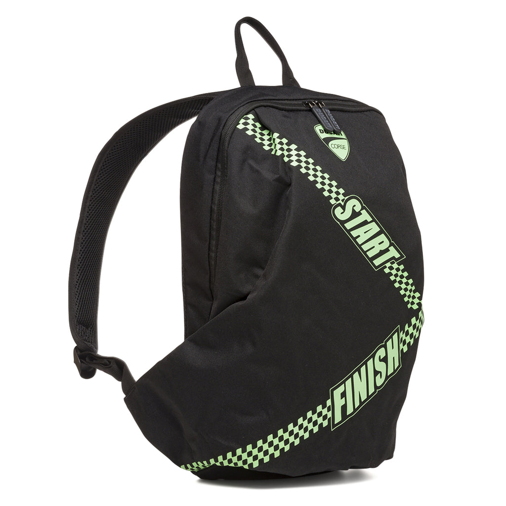 Zaino sportivo nero con dettagli verde fluo e logo Ducati Corse