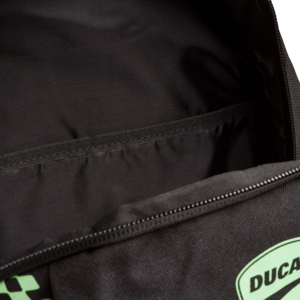 Zaino sportivo nero con dettagli verde fluo e logo Ducati Corse