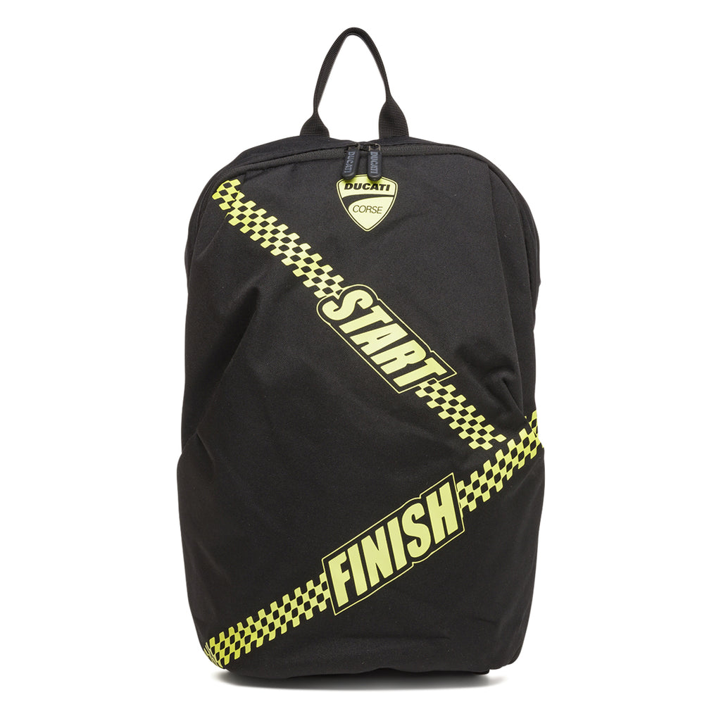 Zaino sportivo nero con dettagli giallo fluo e logo Ducati Corse