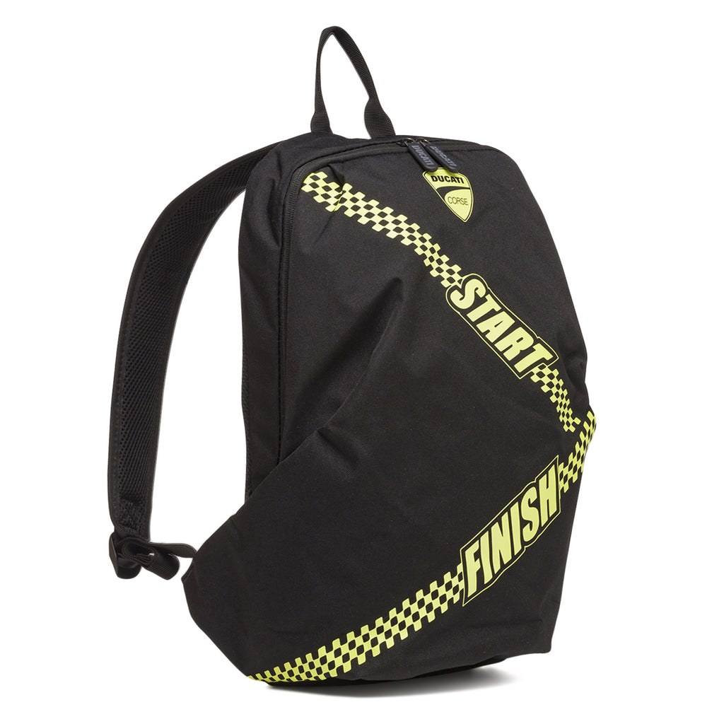 Zaino sportivo nero con dettagli giallo fluo e logo Ducati Corse