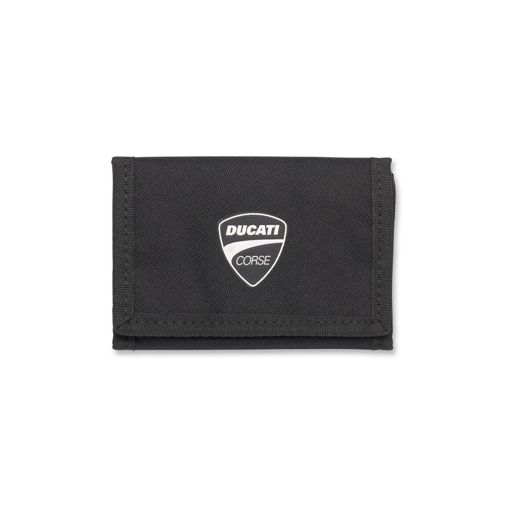 Portafoglio in tessuto nero con chiusura a strappo e logo Ducati Corse