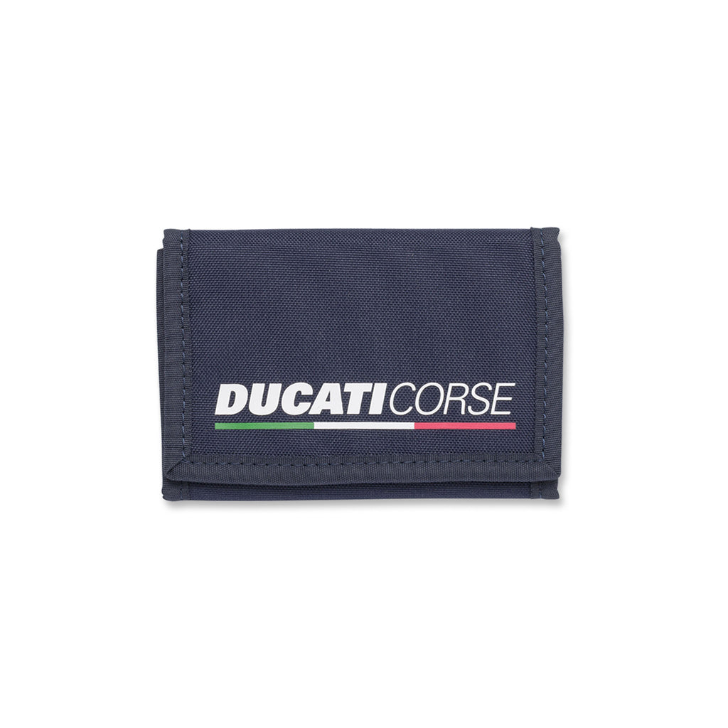 Portafoglio in tessuto blu con chiusura a strappo e logo Ducati Corse
