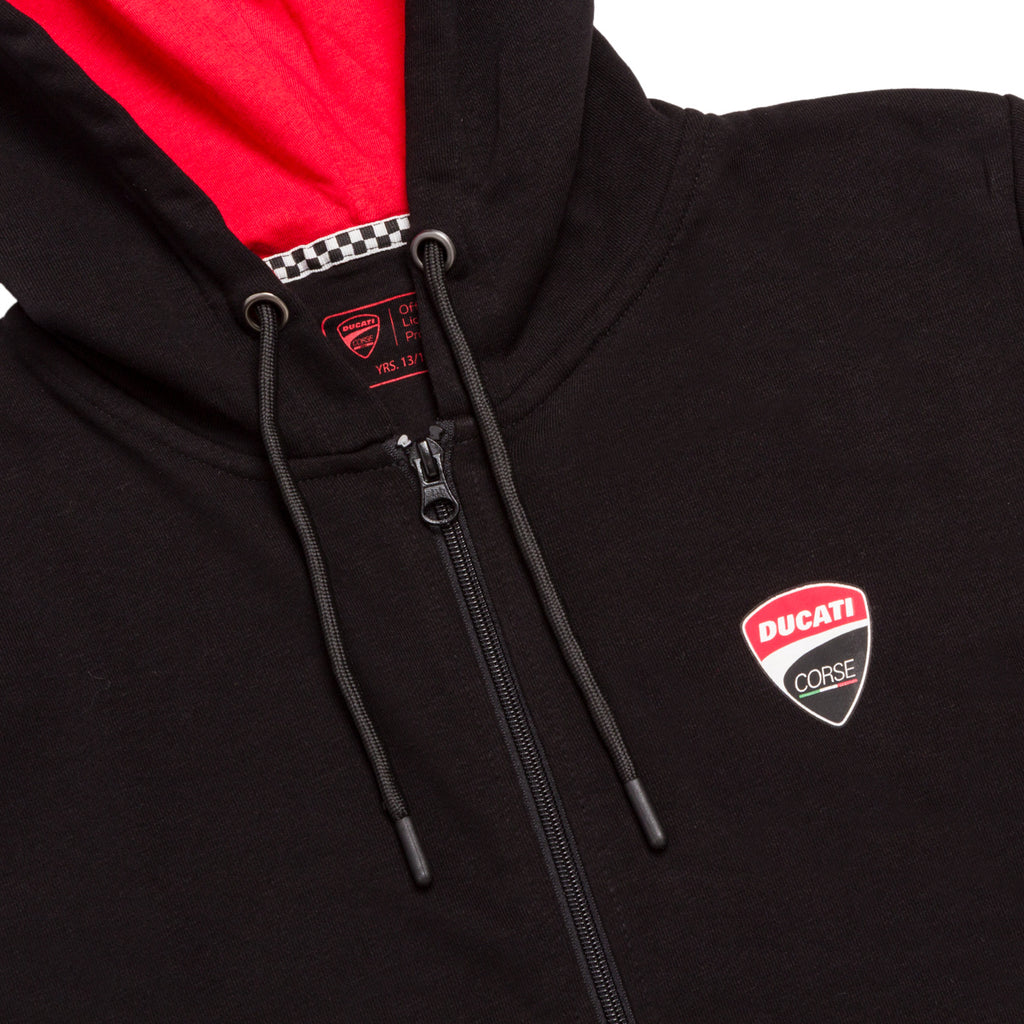 Felpa nera da bambino con zip e cappuccio e logo Ducati Corse