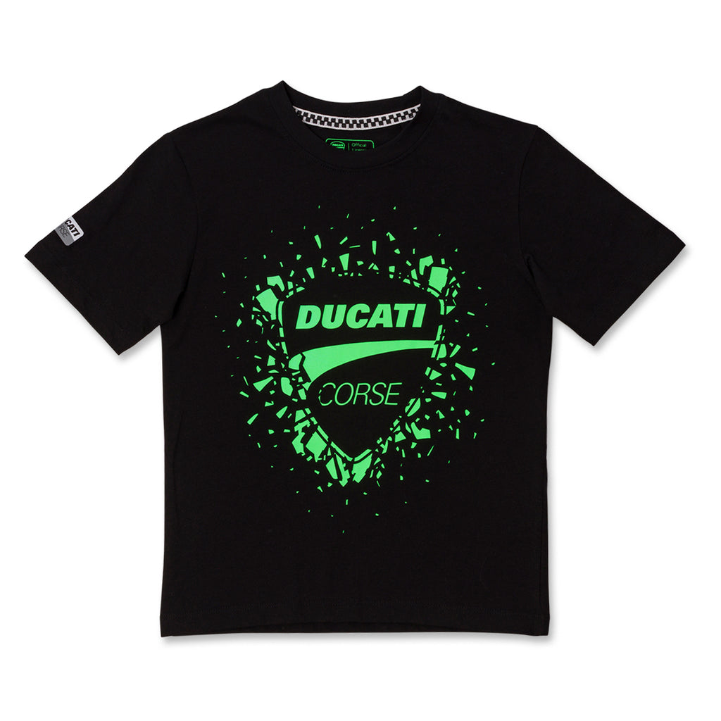T-shirt da Bambino nera con stampa grafica verde neon effetto frammentato Ducati