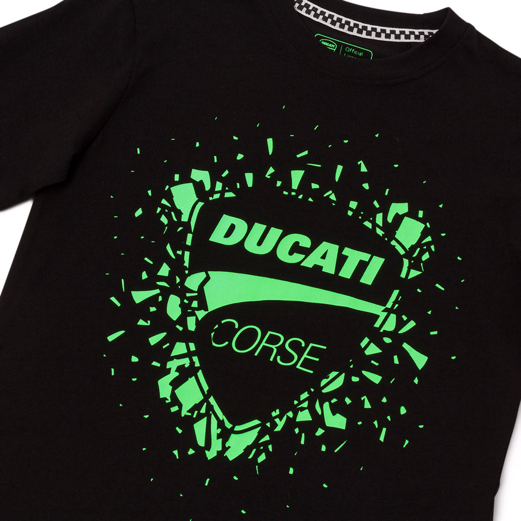 T-shirt da Bambino nera con stampa grafica verde neon effetto frammentato Ducati