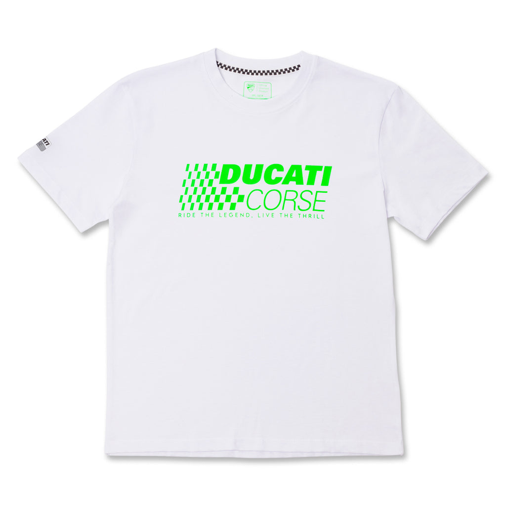 T-shirt da bambino bianca con stampa logo verde neon e motivo a scacchi Ducati