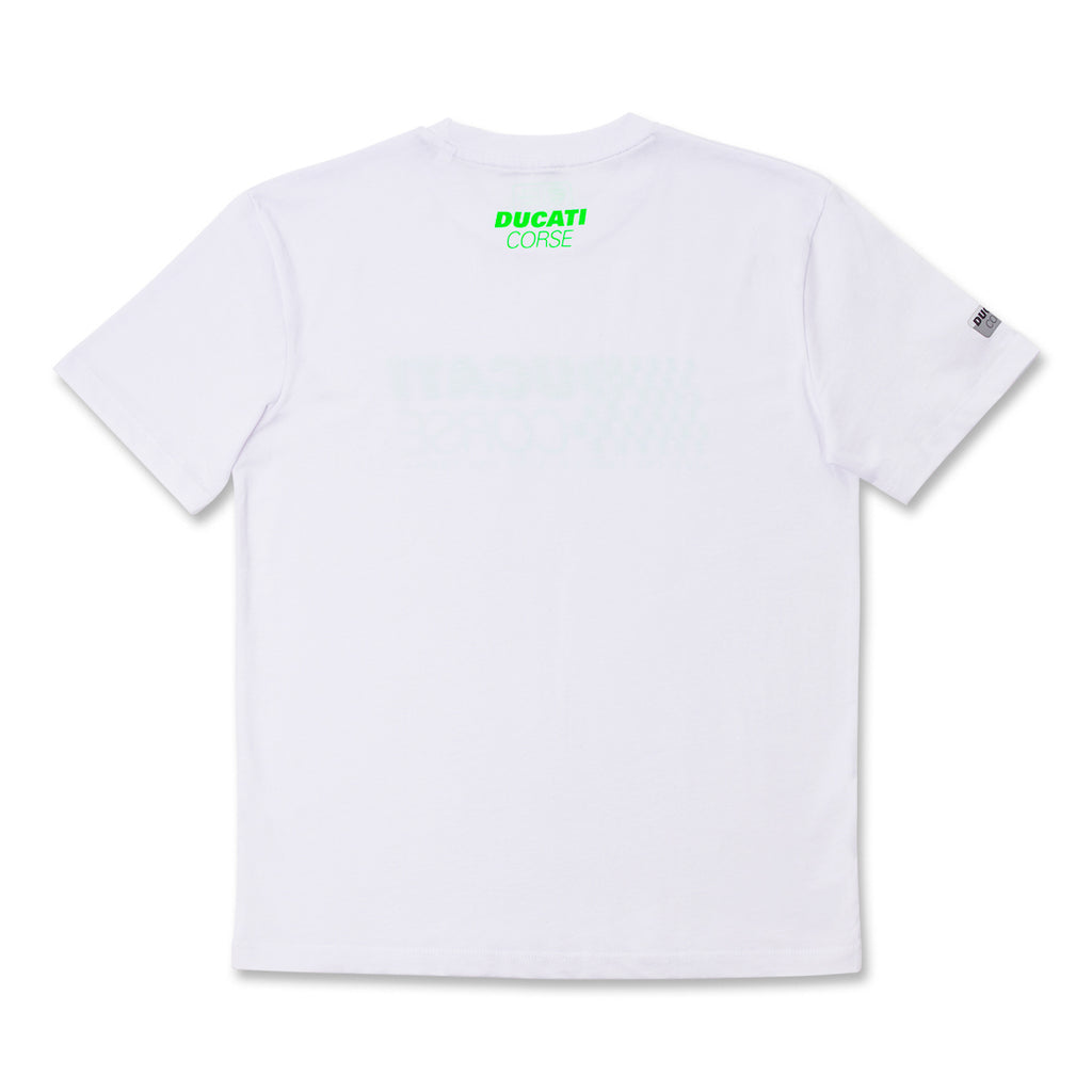 T-shirt da bambino bianca con stampa logo verde neon e motivo a scacchi Ducati