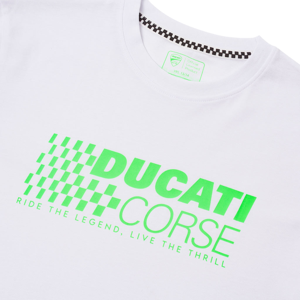 T-shirt da bambino bianca con stampa logo verde neon e motivo a scacchi Ducati