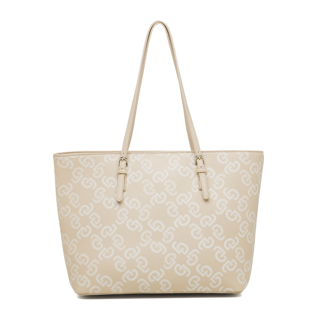 Borsa a spalla beige e bianca con stampa monogramma Carrera Jeans