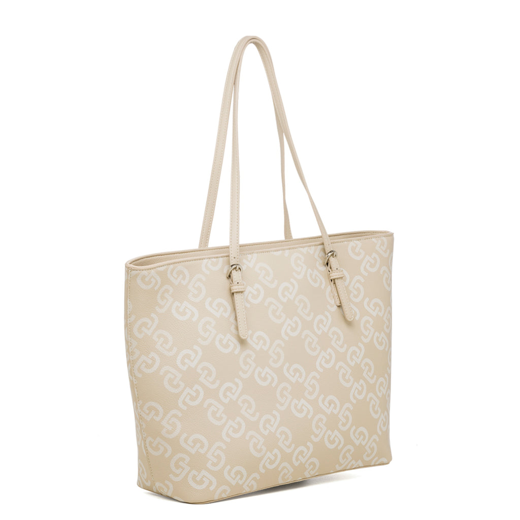 Borsa a spalla beige e bianca con stampa monogramma Carrera Jeans