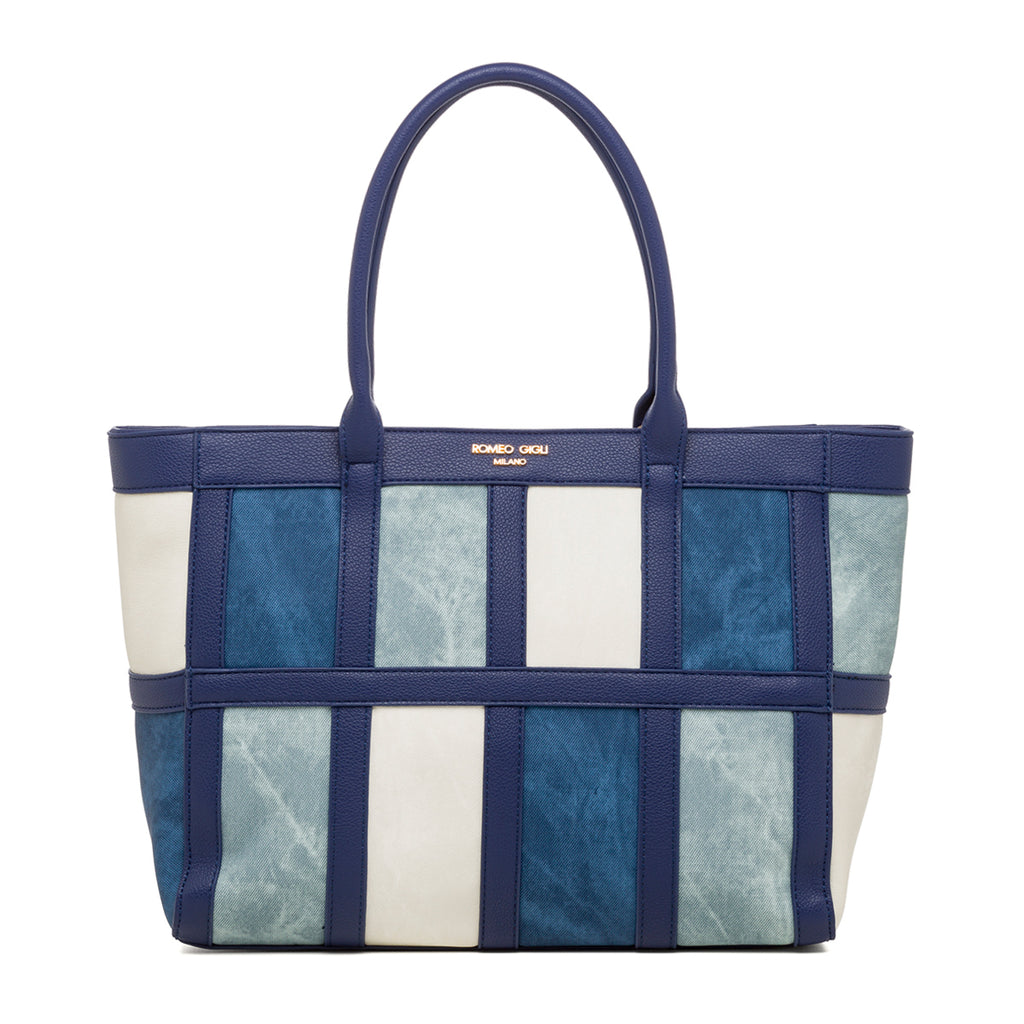 Borsa a spalla blu con dettagli effetto jeans da donna Romeo Gigli Milano Leslie