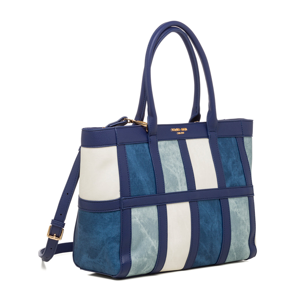 Borsa a spalla blu con dettagli effetto jeans da donna Romeo Gigli Milano Leslie