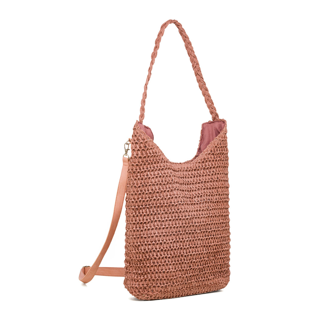 Borsa da mare da donna effetto paglia rosa antico Lora Ferres