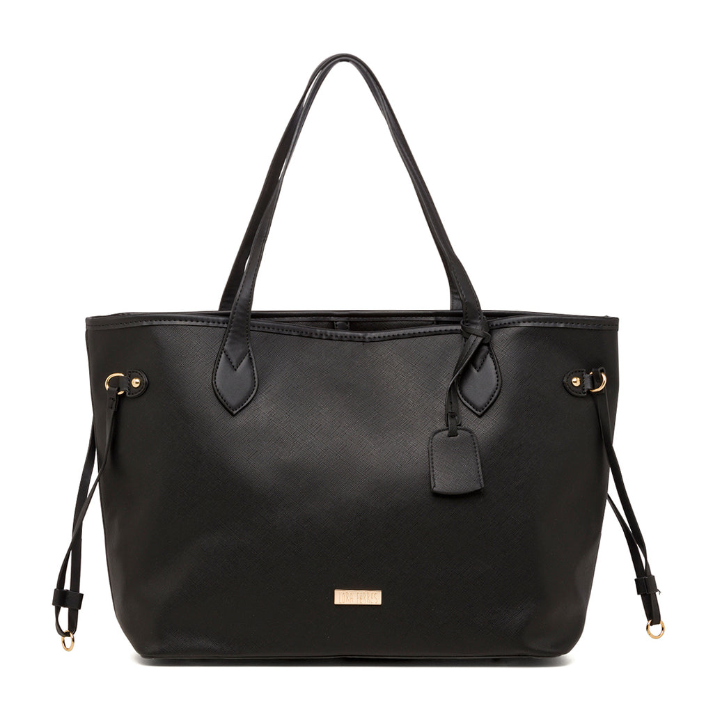 Borsa a spalla da donna nera con logo in metallo Lora Ferres